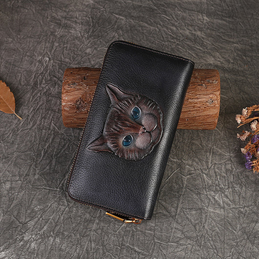 Monedero de Cuero Genuino con Diseño de Gato y Múltiples Espacios para Tarjetas - Image 9