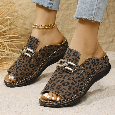 Pantuflas Plataforma Cuña Plus Size Estampado Leopardo para Playa