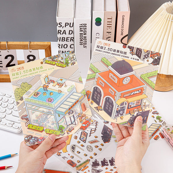 Cartoon flower park sticker set with a two-layer plastic greenhouse scene card and various plant and character stickers.