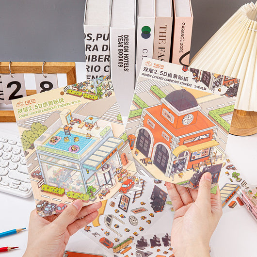 Cartoon flower park sticker set with a two-layer plastic greenhouse scene card and various plant and character stickers.