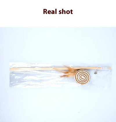 Cat teaser toy with a long wooden pole, a striped ball, brown feathers, and a small bell. - Image 26