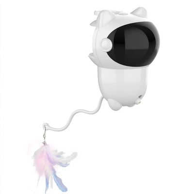 White cat-shaped intelligent laser toy with a black visor and a colorful feather wand attachment for pets.