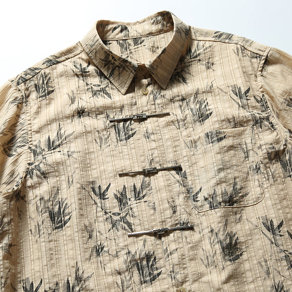 Camisa de Manga Corta con Nudos Chinos y Estampado de Hojas de Bambú