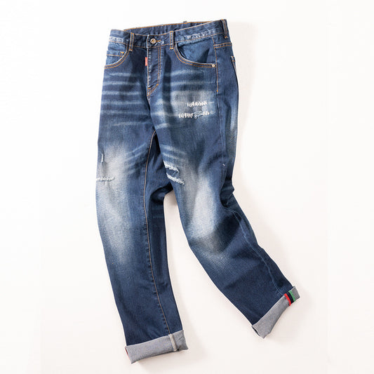 Pantalones Rectos Largos para Hombre con Detalles Deshilachados en Blanco