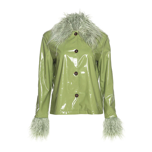 Chaqueta de Cuero Slim con Cuello de Piel - Abrigo Cálido de Botón Único para Mujer - Image 11
