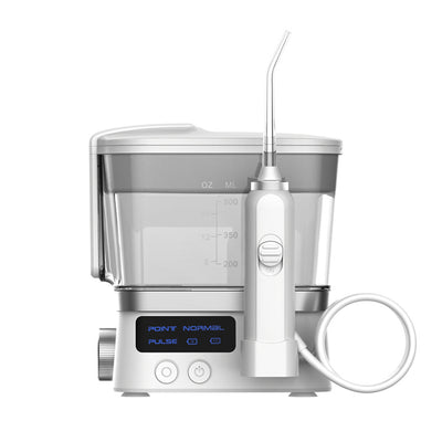 White household handheld portable oral irrigator with 600ml water tank, LED display, two nozzle tips, and USB cable. - Image 4
