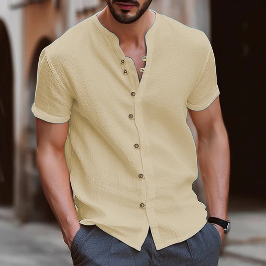 Camisa Retro de Algodón y Lino para Hombre con Botones - Manga Corta Casual - Image 4