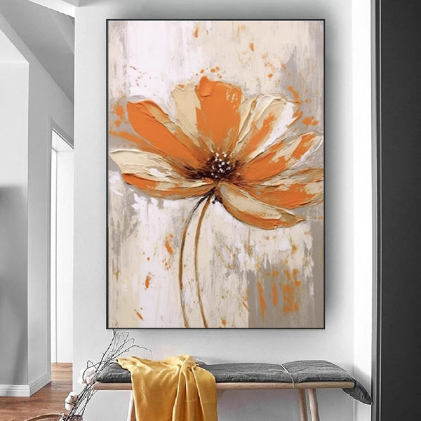 Cuadro Abstracto Flores Naranjas - Pintura al Óleo Moderna sin Marco para Sala de Estar