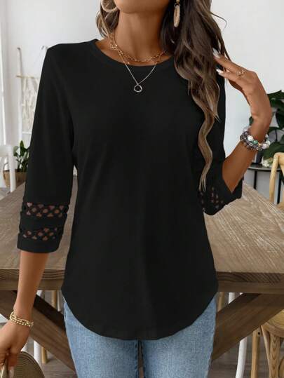 Blusa Casual para Mujer con Cuello Redondo, Encaje Patchwork y Mangas 3/4 - Image 5