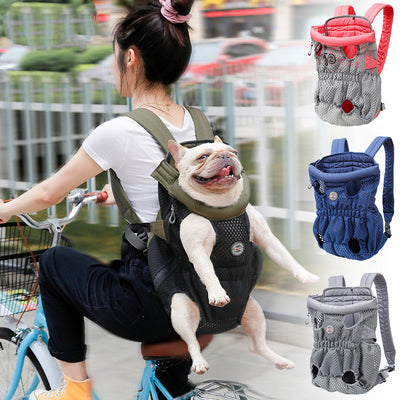 Navy blue mesh pet carrier backpack with leg holes and a light blue portable pet water bottle with a transparent reservoir. - Image 29