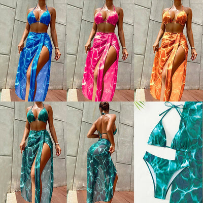 Women's pink and white tie-dye three-piece bikini swimsuit with a halter top, bottoms, and high-slit sarong. - Image 10