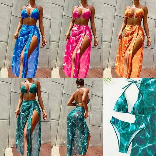 Women's pink and white tie-dye three-piece bikini swimsuit with a halter top, bottoms, and high-slit sarong. - Image 10
