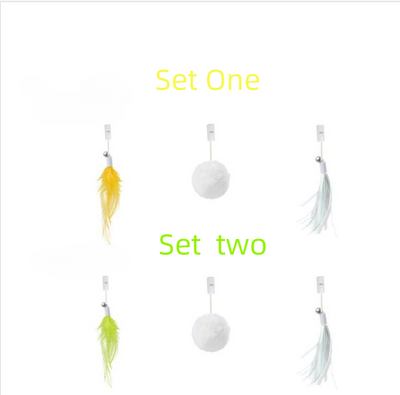 Automatic lifting cat toy with a yellow ball and white clamp, featuring interchangeable feather and pom-pom attachments. - Image 8