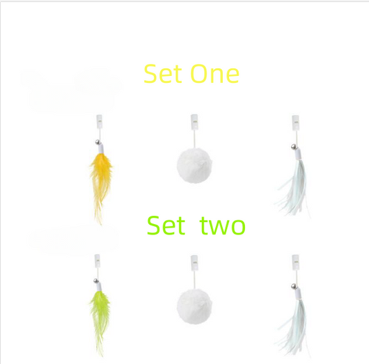 Automatic lifting cat toy with a yellow ball and white clamp, featuring interchangeable feather and pom-pom attachments. - Image 8