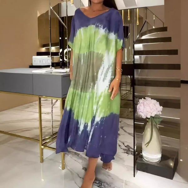 Vestido Holgado de Cuello Redondo y Mangas Cortas