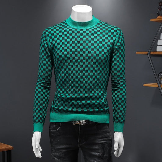Suéter de Lana a Cuadros Talla Grande con Cuello Tortuga Medio