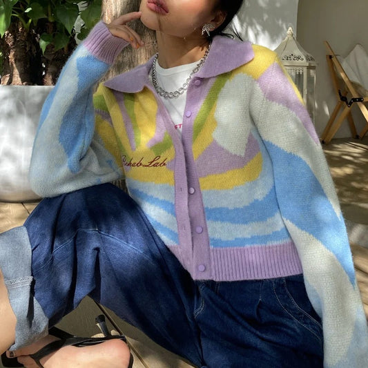 Chaqueta Tejida para Mujer con Bordado de Letras y Óleo Colorido