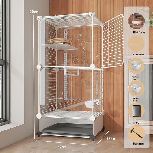 White single-layer bird cage with transparent sides, wire door, perches, bells, and a tunnel, on wheels. - Image 2