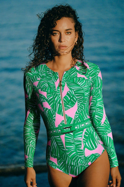 Green and pink tropical leaf print maxi skirt with tiered ruffles and an elastic waistband. - Image 9