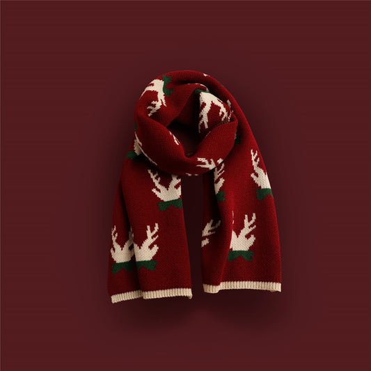 Bufanda Tejida Roja con Estampado de Reno y Copos de Nieve