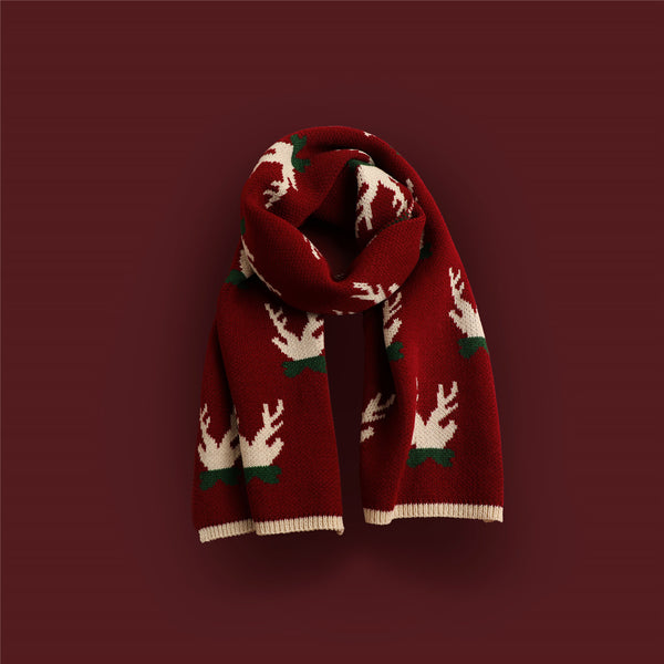 Bufanda Tejida Roja con Estampado de Reno y Copos de Nieve