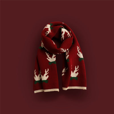 Bufanda Tejida Roja con Estampado de Reno y Copos de Nieve
