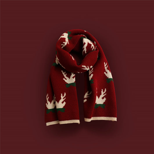 Bufanda Tejida Roja con Estampado de Reno y Copos de Nieve
