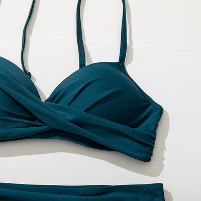 Women's black two-piece bikini with a twisted front bandeau top and high-waisted ruched bottoms. - Image 22