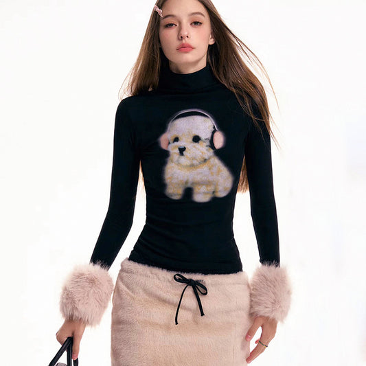 Blusa Manga Larga Cuello Alto con Estampado de Cachorros para Mujer - Image 2
