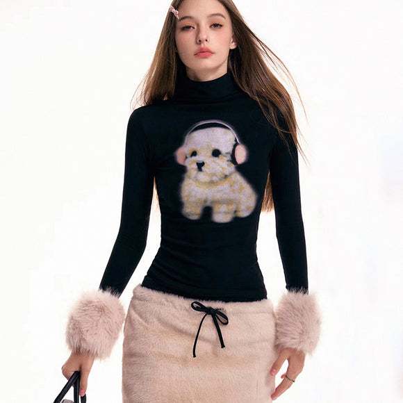 Blusa Manga Larga Cuello Alto con Estampado de Cachorros para Mujer