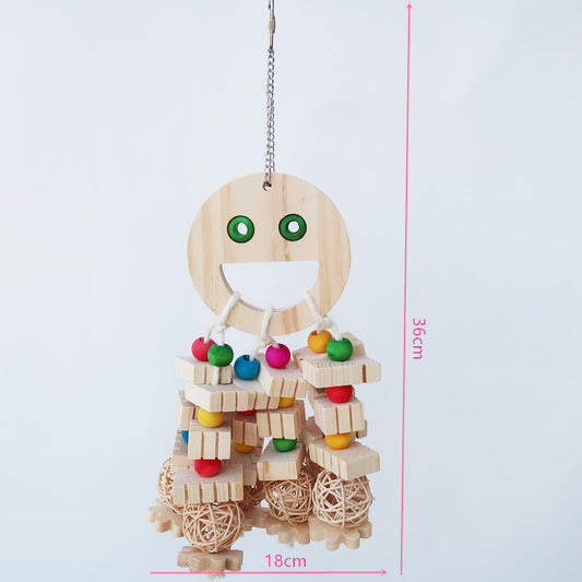 Natural wood parrot toy with a smiley face, colorful beads, wooden blocks, and rattan balls, hanging from a chain. - Image 2