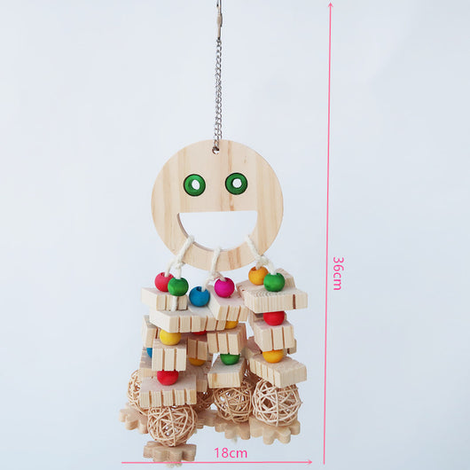 Natural wood parrot toy with a smiley face, colorful beads, wooden blocks, and rattan balls, hanging from a chain. - Image 2