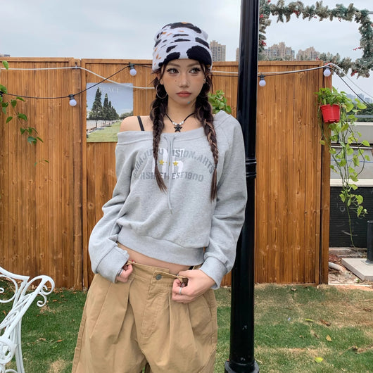 Sudadera Retro con Estampado de Letras y Cordones en Hombros