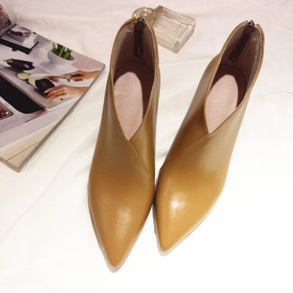 Tacones Altos Retro V-Mount de Cuero Completo para Mujer con Cierre Posterior
