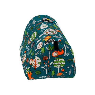 Teal cotton pet nest with a colorful forest pattern, lined with white plush, designed for small birds or parrots. - Image 24
