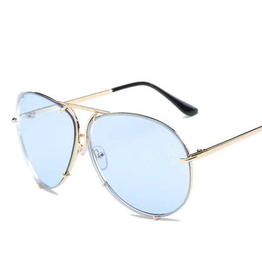 Aviator sunglasses with light blue lenses and a gold-colored metal frame, featuring a double bridge design. - Image 13
