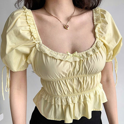 Blusa Retro con Cuello Cuadrado y Mangas Abullonadas de Encaje - Image 2
