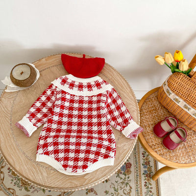 Mameluco Triangular de Punto para Bebé Niña - Diseño Cuadros Otoñal en Rojo - Image 14