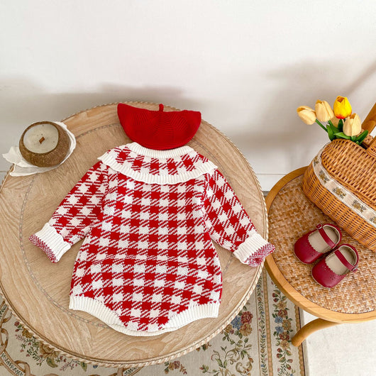 Mameluco Triangular de Punto para Bebé Niña - Diseño Cuadros Otoñal en Rojo - Image 14