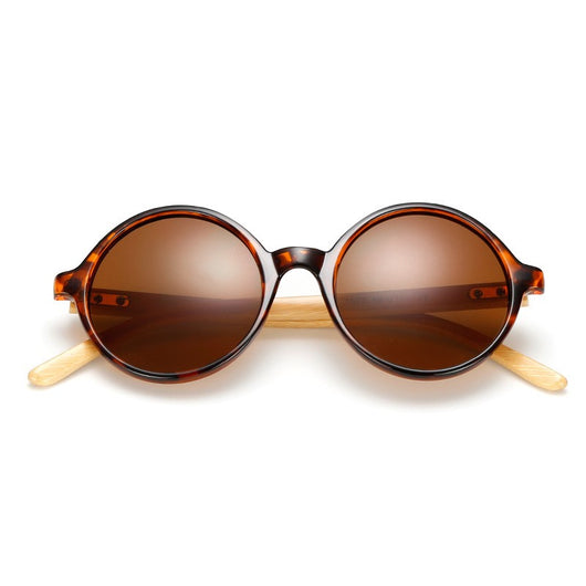 Round black frame sunglasses with gray lenses and light wood bamboo temples, shown from multiple angles. - Image 21