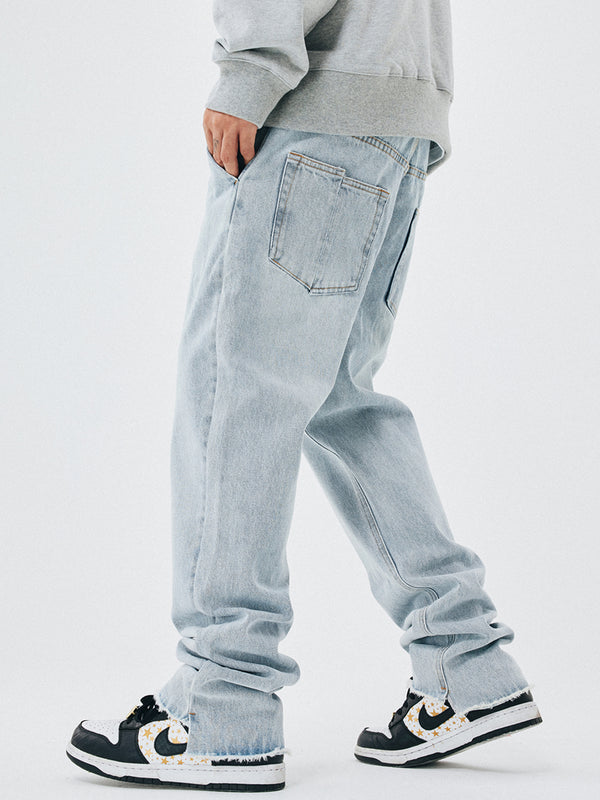 Jeans Rectos Hombre Talle Suelto Borde Crudo Lavado Claro