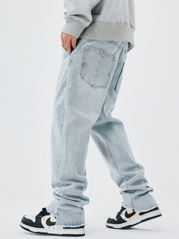 Calça Jeans Masculina Reta Folgada Barra Desfiada Lavagem Clara