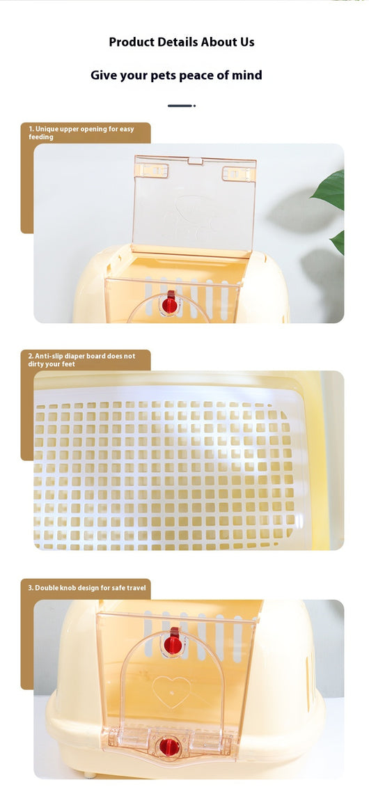 Brown pet carrier with a clear front door, top handle, ventilation slots, and a white urinating pad. - Image 15