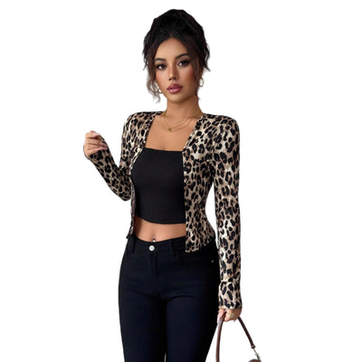 Cardigan Blusa Manga Larga Estampado Leopardo con Contraste de Colores para Mujer - Image 5
