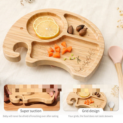 Juego de Plato y Tazón de Bambú con Ventosas para Niños - Diseño Elefante 4 Piezas - Image 5