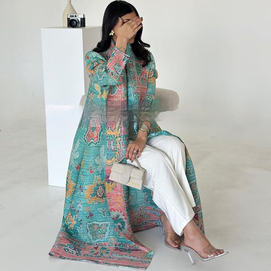 Cardigan Djellaba Étnico con Pliegues y Estampado - Capa Clásica de Moda - Image 18