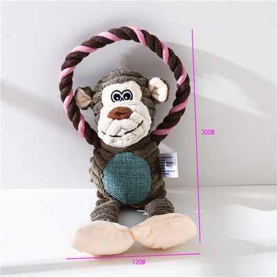 Gray plush elephant pet toy with ribbed texture and embroidered eyes, attached to a brown and blue braided rope ring. - Image 9