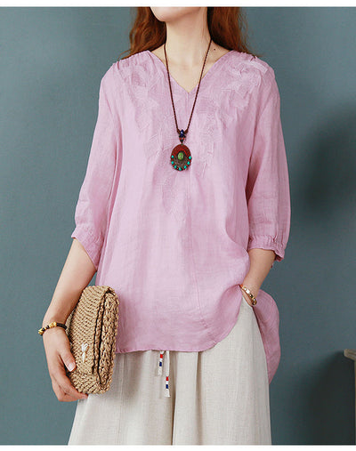 Blusa Larga Atrás Corta Adelante de Algodón y Lino con Bordado para Mujer - Image 12