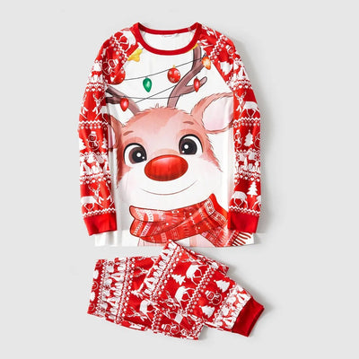 Red and white matching family Christmas pajamas with cartoon reindeer, Christmas trees, and snowman patterns. - Image 12