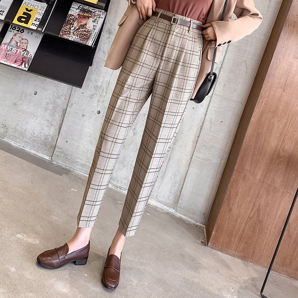Pantalones Cuadros Mujer Corte Holgado Estilo Británico Largo 7/8